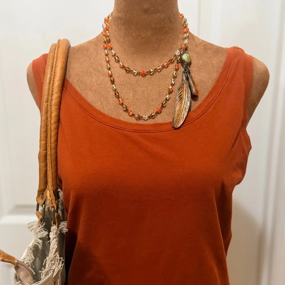 Bohemian-Style Orange Beaded Necklace with Feather Pendant